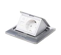 Prise Dalle Encastrée 2 Postes RJ45 & Schuko Plaque Inox Rabattable Argent