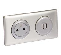LEGRAND - Prise Electrique Murale + Double Chargeur USB Céliane Surface avec Plaque et Boîte à Encastrer - Prise Affleurante avec Socle Rétractable - Alu