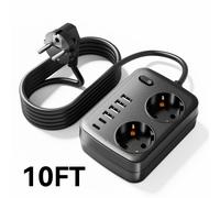 Prise de courant compacte européenne avec cordon de 1,5 m - Deux prises secteur, 4 ports USB, 2 ports