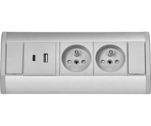 Prise de courant ORNO OR-GM-9039/G, boîtier d'angle, 2x 230V, 2x USB (type C ; 2.4A), gris-argenté