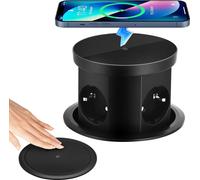 Prise de table escamotable - Montage encastré - Prise UE (Schuko) - USB-C - Chargement sans fil 15 W - Noir