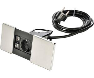 Prise de table VersaPAD à 1 emplacement + 2 ports de recharge USB avec caches coulissants, finition aluminium brossé, L x l 190 x 90 mm, câble de raccordement de 2 m inclus