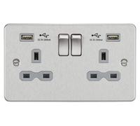 Prise électrique double avec station de charge USB 2,4A, finition chromée