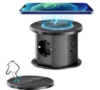 Prise électrique rétractable - Prise de table W11 - Motorisée, avec mécanisme de rétraction - Norme européenne 220V - Ports USB et charge sans fil Qi - Noir