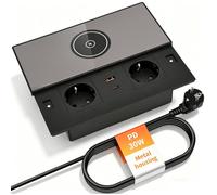 Prise Encastrable 2 Prises avec 30W PD, 1 USB-C et 1 USB-A,charge sans fil, câble 1,8m, prise de table escamotable pour cuisine