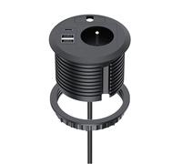 Prise Encastrable avec USB C PD20W, Dinolink Multiprise Encastrable avec 1 Prise, 1 Port USB C, 2 Port USB A, Multiprise Bureau pour Plan de Travail, Cuisine, Bureau, Meubles, Ø 80MM, 2M Câble, Noir