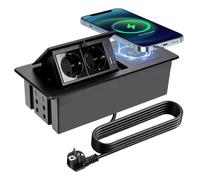Prise Encastrable Plan de Travail 2 Prises pour Bureau, Cuisine, Câble 1,8m | Multiprise Encastrable avec Chargeur USB-C PD20W et Chargeur Sans Fil Qi 15W Prise de Bureau, Noir