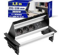 Prise Encastrable Plan de Travail 291x158 mm avec Câble d'alimentation 1,5m | Bloc Prise Encastrable 3 x Schuko et 2 x USB 5V/2,1A - Garantie 10 Ans - MONTERAL