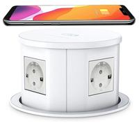 Prise encastrable pour plan de travail - Prise de table rétractable manuelle - 4 prises européennes 110–250V - USB-C et charge sans fil - Forme ronde, indice de protection IP65 - Blanche