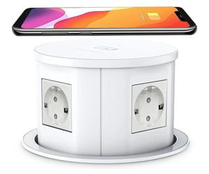 Prise encastrable pour plan de travail - Prise de table rétractable manuelle - 4 prises européennes 110–250V - USB-C et charge sans fil - Forme ronde, indice de protection IP65 - Blanche