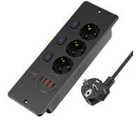 Prise encastrée 3 prises encastrée avec 2 USB, prise encastrée multiple, prise de table avec 2 USB C, avec 3 interrupteurs, câble de 2 m, noir