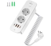 Prise encastrée avec 4 ports USB - Prise de table double avec interrupteur - Multiprise avec câble spiralé de 2 mètres - Blanche