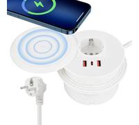 Prise encastrée avec port USB-C PD 20 W et chargeur sans fil 15 W - Diamètre 90 mm - Prise de table à encastrer avec port USB et couvercle