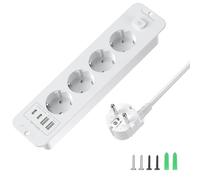 Prise encastrée Quadruple avec USB-C PD 20W | Barrette de 2M avec Interrupteur | pour Plateaux de Bureau et Tables de conférence | 16A/4000W Max, câble 3x1.5mm² | Blanc