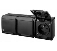 Prise triple - HERMES - IP44 - 16A - 250V - Noir étanche en saillie