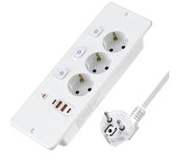 Prise escamotable à 3 compartiments avec 4 ports USB, prise encastrable avec USB C (PD 20 W), prise de table avec interrupteur individuel - Câble de 2 m blanc