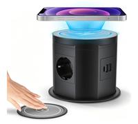 Prise escamotable avec 2 A + 1 C 4 prises avec chargeur sans fil 15 W | Prise de table encastrable 2500 W, 1,5 câbles, Ø 120 mm, plan de travail de cuisine, prise de table escamotable pour bureau