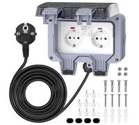 Prise extérieure double - Prise étanche - Alimentation électrique sécurisée - Protection IP66 - Câble de 3 mètres - Gris