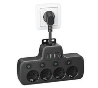 Prise Multiple avec Interrupteur Individuel,Multiprise 4 Prises 0.1m Câble | Multiprise 4 Schuko 3 USB Chargeurs Adaptateur,Bloc Prise Murale Parafoudre,Rallonge Electrique,Chambre et Appartement,Noir