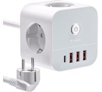 Prise multiple cubique avec câble de 3 mètres - Multiprise 7 en 1 avec port USB-C (chargeur rapide 20W PD) - 3 prises de courant (3680W) et 4 ports USB - Blanc