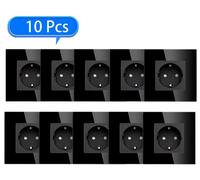 Prise murale à encastrer - Prise électrique rectangulaire de type EU - Coffret de 10 pièces - 220 V - 16 A - Mise à la terre - Verre noir - À encastrer