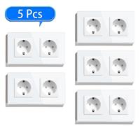 Prise murale avec cache-prises - Double prise - Coffret de 5 prises - 16 A - 220 V - Avec mise à la terre - À encastrer - Cadre en verre blanc