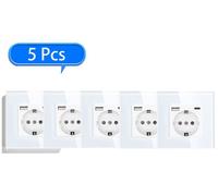 Prise murale avec port USB-C - Prise individuelle - Pack de 5 - 16 A - 220 V - À encastrer - Verre - Blanche