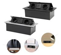 Prise murale en aluminium - Prise de table escamotable - Double rangée - 2x prise UE 250 V 16 A - 2x port USB 5 V 2,1 A - Sans câble d'alimentation - 26,6 × 11,8 cm - Argent/Noir