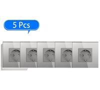 Prise murale en verre cristal - Prise européenne - Interrupteur tactile marche/arrêt - Pack de 5 - Gris - Étanche - Faible éclairage bleu LED