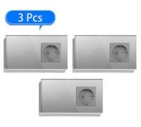 Prise murale européenne avec interrupteur tactile - 1 prise, lot de 3 - Verre cristal - Étanche - Éclairage LED bleu - Gris