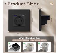 Prise murale européenne - Prise européenne de 86 mm - Lot de 10 - Charge rapide USB-C PD 20 W - 16 A - 110–240 V - Noir