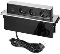 Prise murale ORNO OR-GM-9014(GS)/B-G, encastrable, panneau coulissant, 3 prises Schuko, 2 ports USB Quick Charge 3.0, 3680 W, longueur du câble 2 m, noir/gris