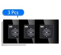 Prise murale USB-C - Prise individuelle - Lot de 3 - 16 A - 220 V - Verre noir - Installation encastrée
