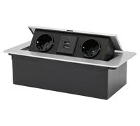 Prise pop-up encastrable - Prise de table rétractable - 2 prises Schuko 250V 16A - 2 ports USB 5V 2,1A - Pour plan de travail et bureau - Sans câble d'alimentation - Argent