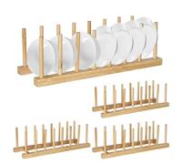 PRITOK Lot de 4 supports de drainage, porte-assiettes en bois, petit design à 7 compartiments, étagère de cuisine pour assiettes, vaisselle, livres, CD, planches à découper et couvercle de casserole