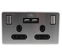 PRO ELEC PELB1138 Prise secteur commutée sans vis avec 2 ports USB changeant 2 prises double pôle 13 A Acier inoxydable
