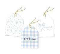 Pro Supply Global Lot de 24 nœuds bleus pré-enfilés de 6,3 x 7,6 cm et d'étiquettes cadeaux en toile avec motifs imprimés assortis sur de grandes étiquettes cadeaux en papier cartonné - Idéal pour une