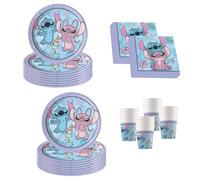 Procos - Décoration d'anniversaire Disney Stitch & Angel, 52 pièces, assiettes en carton, gobelets et serviettes pour anniversaire d'enfant, vaisselle de fête