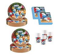 Procos - Décoration d'anniversaire Les Schtroumpfs, 52 pièces, assiettes en carton, gobelets et serviettes pour les anniversaires d'enfants, vaisselle de fête