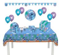 Procos - Décoration d'anniversaire Stitch, set de 55 pièces, contient 8 assiettes en carton, 8 gobelets en carton, 20 serviettes, nappe, guirlande, 8 ballons, un ballon en plastique, 8 sacs de fête