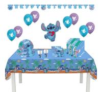 Procos - Décoration d'anniversaire Stitch, set de 55 pièces, contient 8 assiettes en carton, 8 gobelets en carton, 20 serviettes, nappe, guirlande, 8 ballons, un ballon en plastique, 8 sacs de fête
