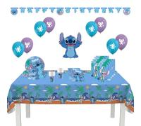 Procos - Décoration d'anniversaire Stitch, set de 55 pièces, contient 8 assiettes en carton, 8 gobelets en carton, 20 serviettes, nappe, guirlande, 8 ballons, un ballon en plastique, 8 sacs de fête
