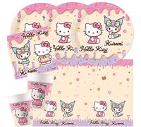 Procos Kit de fête Hello Kitty & Kuromi, 37 pièces, assiettes en carton, gobelets en carton, serviettes, nappe pour anniversaire d'enfant