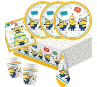 Procos Kit de fête Minions - Rise of Gru, 37 pièces, assiettes en carton, gobelets en carton, serviettes, nappe pour anniversaire d'enfant