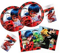 Procos Miraculous 10133993 - Kit de fête jetable - 52 pièces - 16 Assiettes, 16 gobelets et 20 Serviettes - Motif Lady Bug - Chat Noir