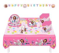 Procos PRO10245290DY - Set de fête XL Gabby's Dollhouse, 46 pièces, assiettes, nappe, gobelets, serviettes, sacs, bannières, set de vaisselle, vaisselle pour enfants