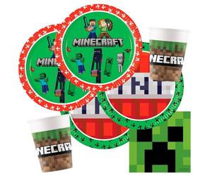 Procos Set de décoration pour fête Minecraft, 36 pièces, assiettes en carton, gobelets en carton, serviettes pour 8 enfants