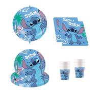 Procos - Vaisselle de fête Disney Stitch, 37 pièces de décoration d'anniversaire comprenant 8 assiettes en carton, 8 gobelets en carton, 20 serviettes et un ballon en plastique, décoration de table