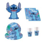 Procos - Vaisselle de fête Disney Stitch, 37 pièces de décoration d'anniversaire comprenant 8 assiettes en carton, 8 gobelets en carton, 20 serviettes et un ballon en plastique, décoration de table
