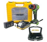 Procraft PA18ProDFR2-1B-C Perceuse-visseuse sans fil 20 V 30 Nm Brushless + 1x batterie 2,0 Ah + chargeur + 13 pcs. jeu d'embouts + coffret